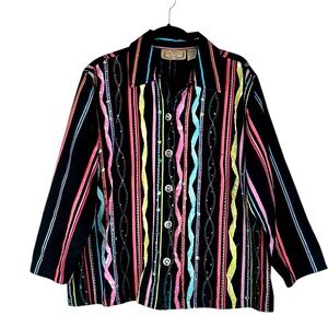 Life Style Woman Black Multi-Colored Striped Artsy Art to Wear Top Size 1X